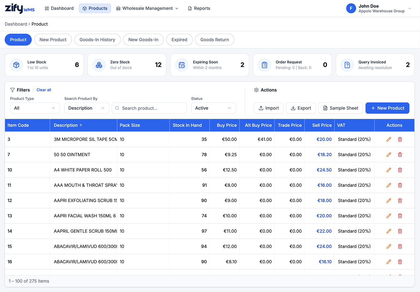 ZifyWMS product catalog with stock alerts, filters, and inventory pricing table